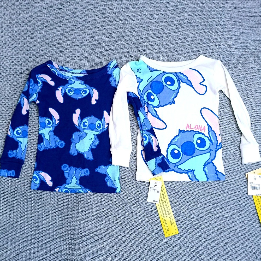 Disney Stitch Pajama Tops Toddler 3T Blue White NEW 2 Pack Long Sleeve Snug Fit